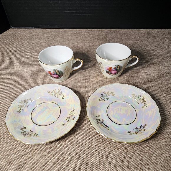 1950s Pair of Demitasse Tea Cups And Saucers With Lustreware Finish Englishman - Picture 9 of 13
